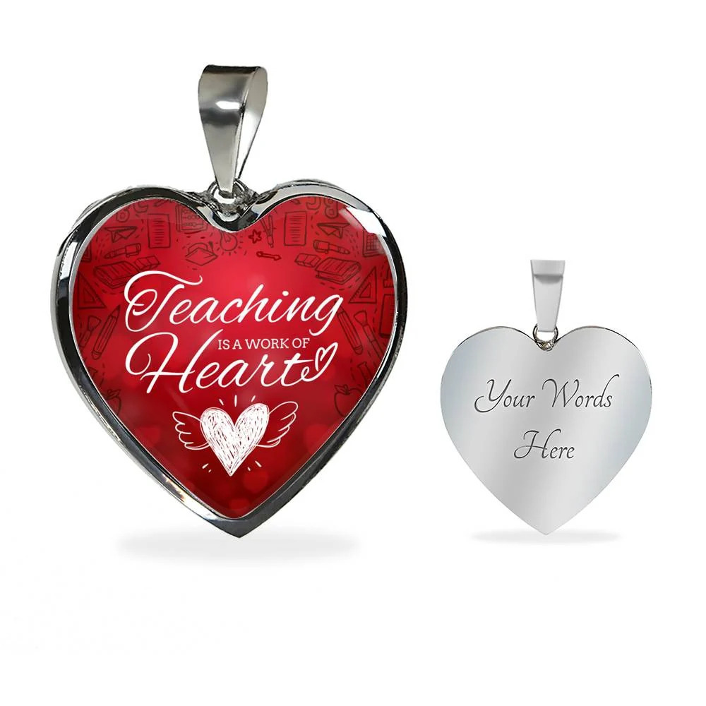 Teaching Is A Work Of Heart Necklace Personalized Engraved Silver Heart Necklac